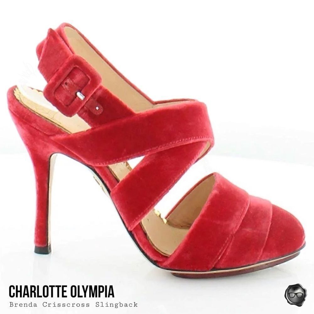 CHARLOTTE OLYMPIA BRENDA CRISSCROSS SLINGBACK PUMPS IN RED VELVET EU 38.5 NEW
